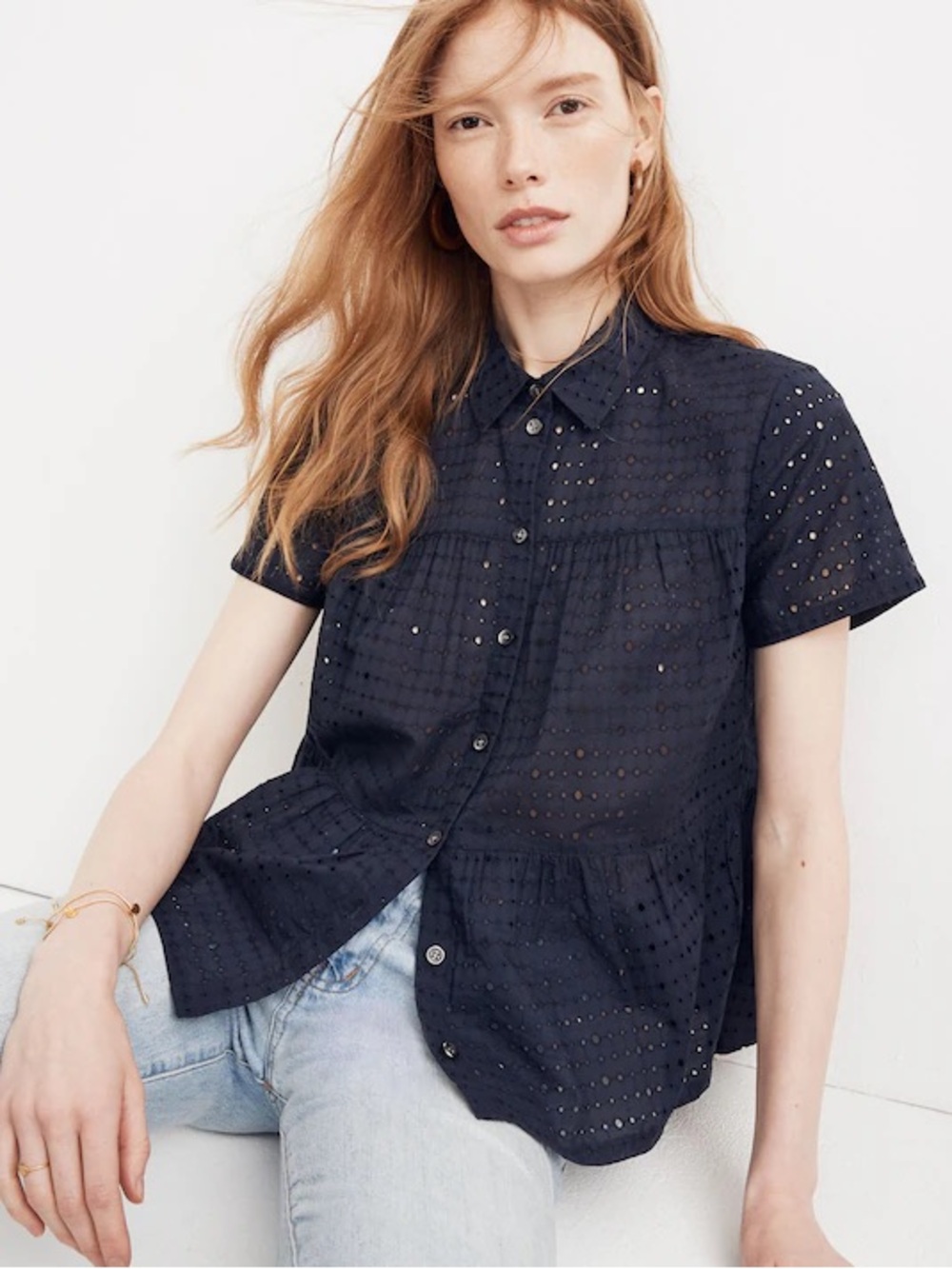 Madewell eyelet seamed button down shirt